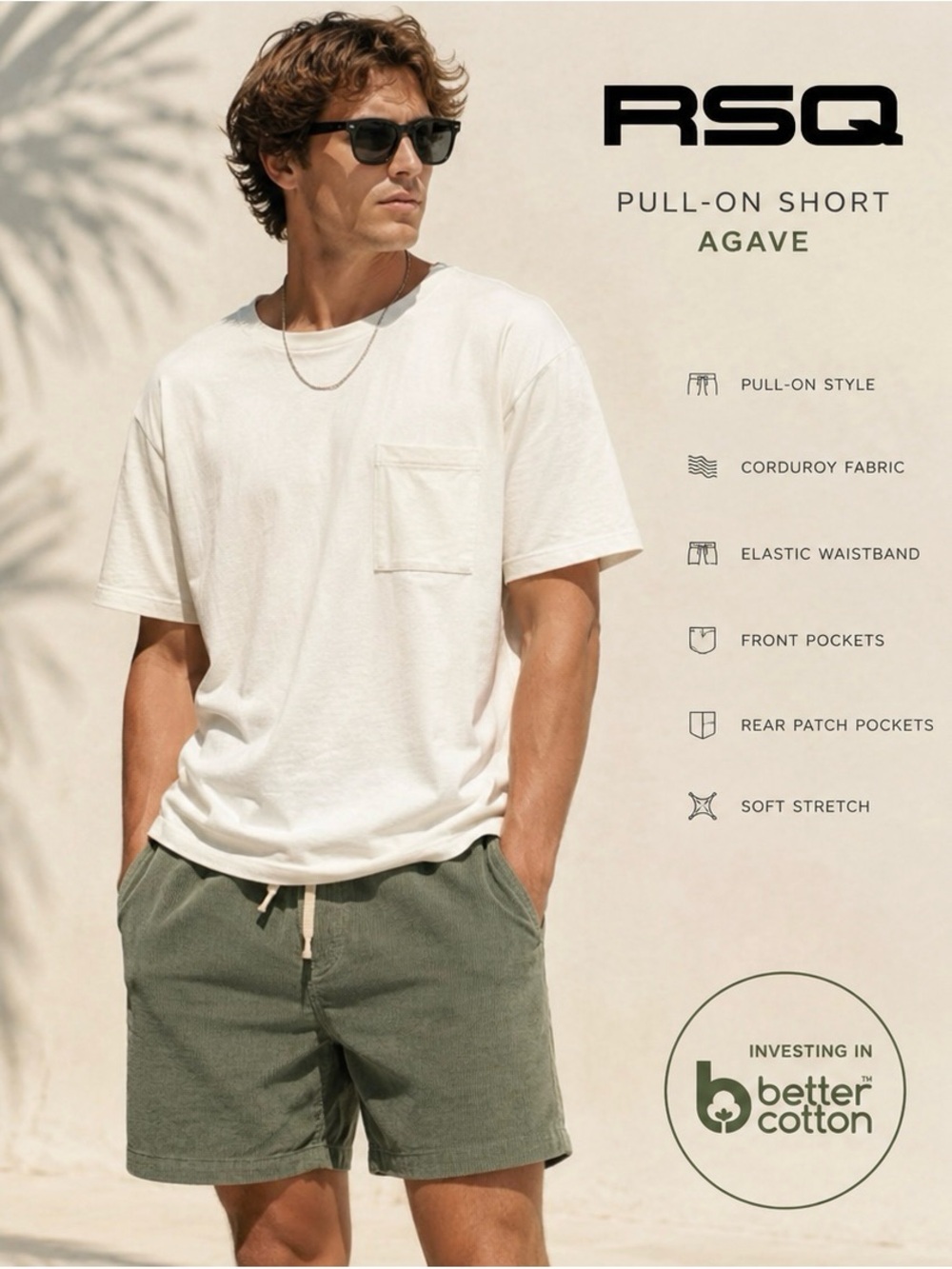 RSQ Men’s Small Agave Green Corduroy Pull-On Shorts NWT Drawstring Coastal